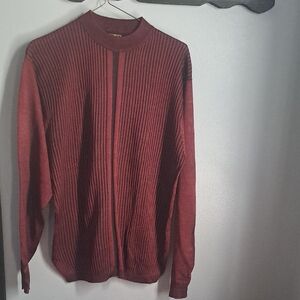 Bachrach Sweater Men's XL Burgundy Black Striped Slinky Knit Preppy Mock Neck